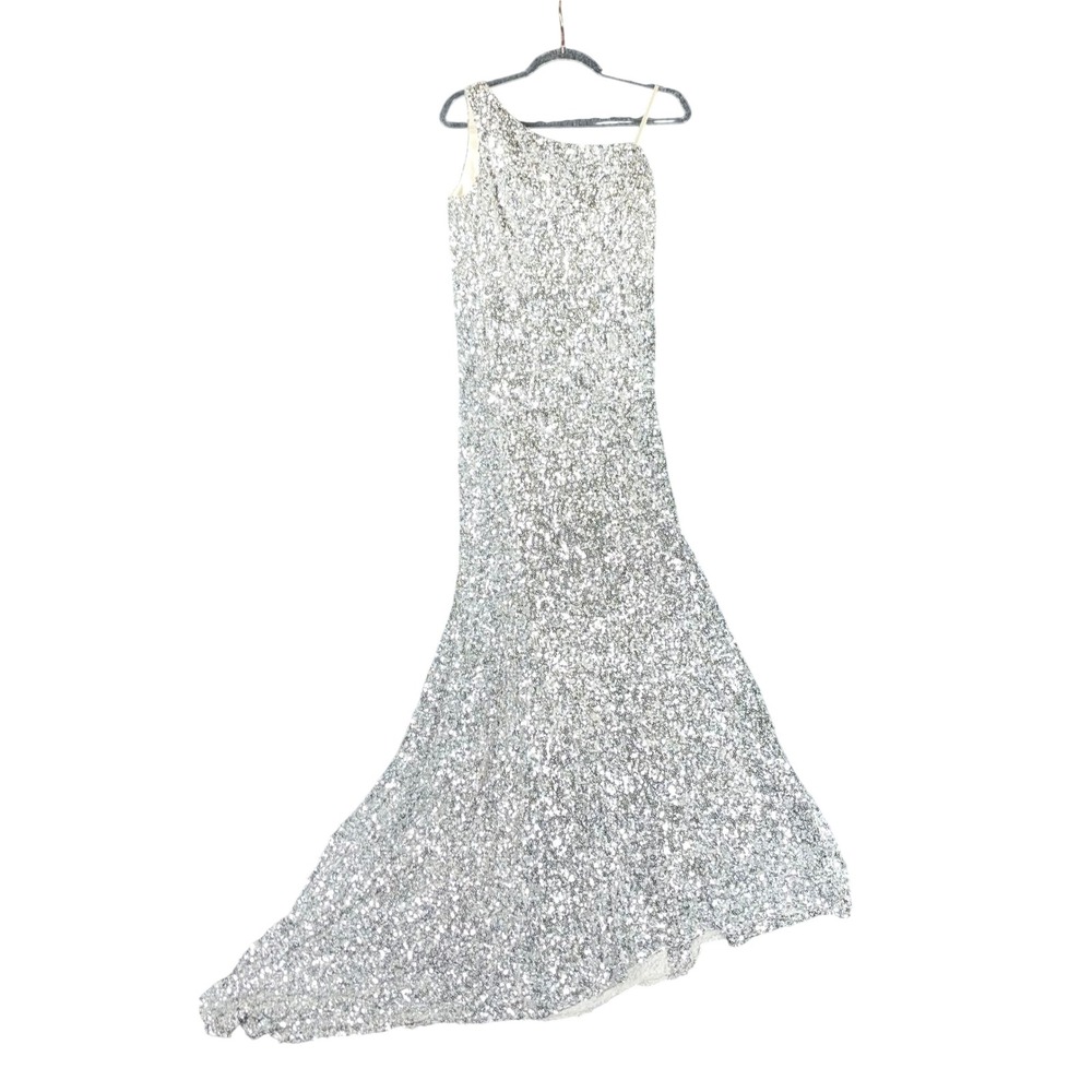 Silver Sequin One Shoulder Formal Gown Floor Length Evening Dress Maxi Size M